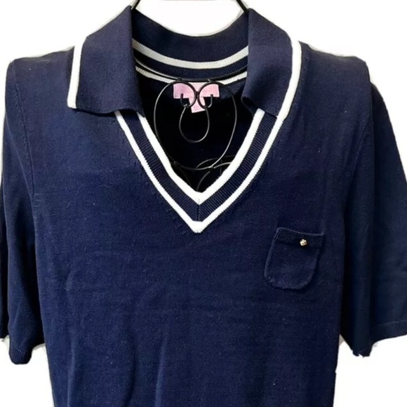 Lilly Pulitzer Sweater Pullover Sz L Navy Blue White V-Neck Pocket Gold Accent - Picture 2 of 5